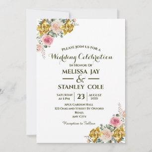 Elegant Pink, Gold Rose Eucalyptus Floral Wedding  Invitation
