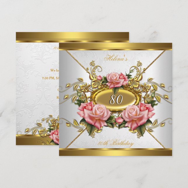 Elegant Pink Gold Roses White 80th Birthday Party Invitation (Front/Back)
