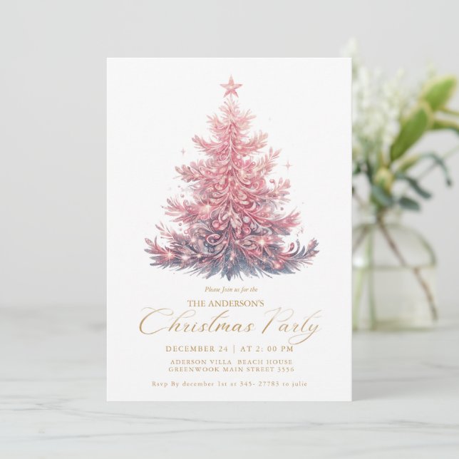 Elegant Pink Gold Script Christmas Tree Winter Invitation (Standing Front)