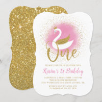 Elegant Pink Gold Swan Princess Girl 1st Birthday