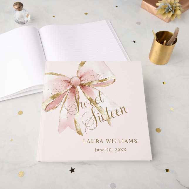 Elegant Pink & Gold Sweet Sixteen Birthday Guest Book (Front Open)