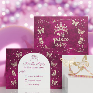 Elegant Pink Gold Tiara Butterflies Quinceañera RSVP Card