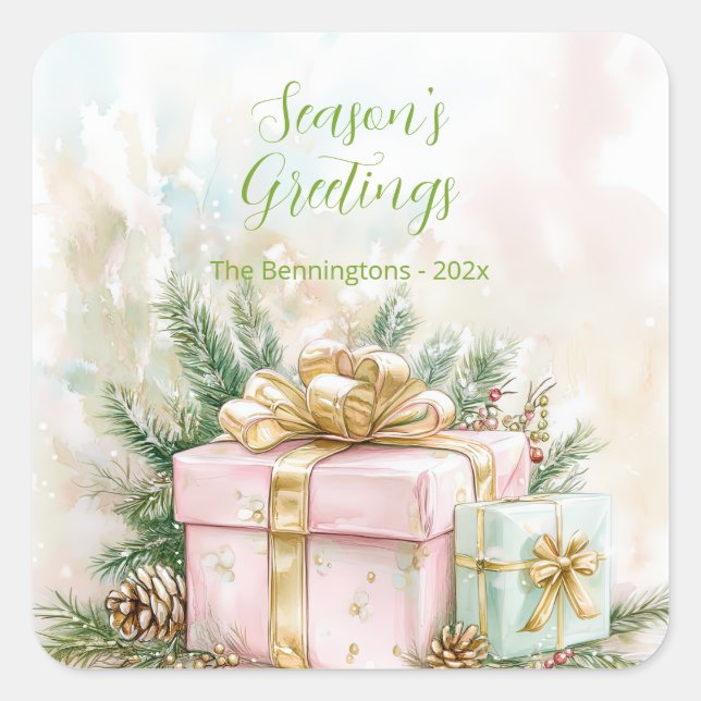 Elegant Pink Gold Vintage Christmas Square Sticker (Front)