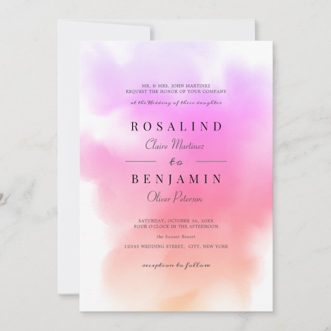 Elegant Pink Gold Watercolor Abstract Wedding Invitation (Front)
