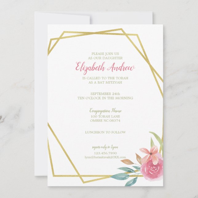 Elegant Pink & Gold Watercolor Floral Bat Mitzvah Invitation (Front)