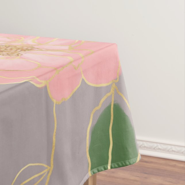 Elegant Pink & Gold Watercolor Roses Grey Design Tablecloth (In Situ)