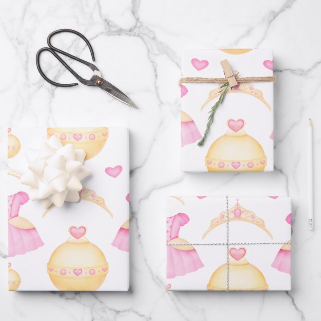 Elegant Pink & Gold Watercolour Princess Tiara Wrapping Paper Sheet (Front)