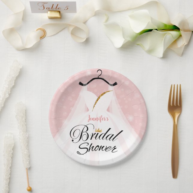 Elegant Pink & Gold Wedding Dress Bridal Shower Paper Plate (Wedding)
