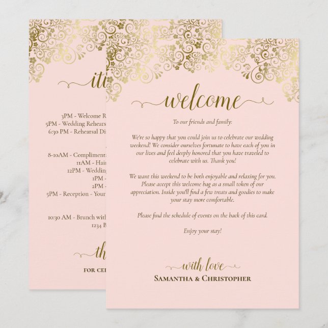 Elegant Pink & Gold Wedding Welcome & Itinerary Programme (Front/Back)