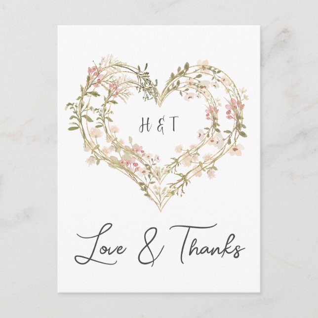 Elegant Pink Gold Wedding Wildflower Thank You Postcard (Front)