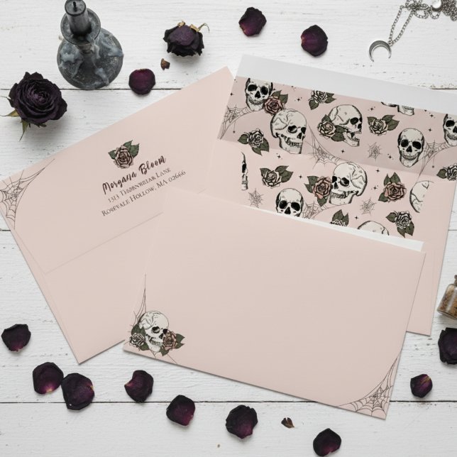 Elegant Pink Gothic Floral Skulls Envelope (Gothic Floral Skull Envelopes for Her. Elegant Pink Hallowedding Vintage Skulls & Roses for Bride)