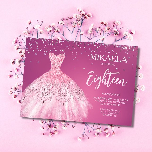 Elegant Pink Gown Glitter 18th Birthday Invitation (Creator Uploaded)