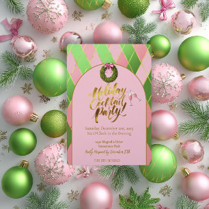 Elegant Pink & Green Argyle Holiday Cocktail Party Acrylic Invitations