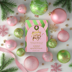 Elegant Pink & Green Argyle Holiday Cocktail Party Invitation