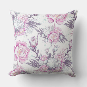Elegant Pink & Green Floral Design Purple Foliage Cushion