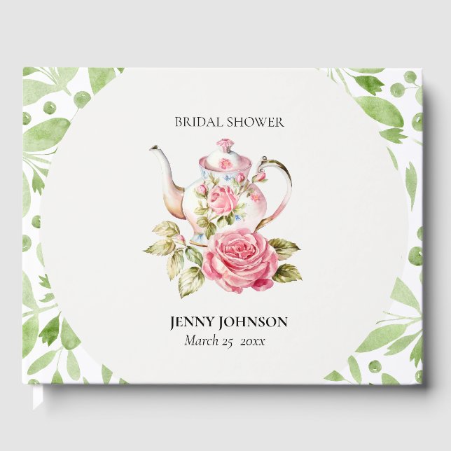Elegant Pink Green Floral Flowers Bridal Shower Guest Book (Front)