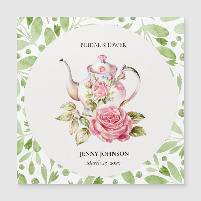 Elegant Pink Green Floral Flowers Bridal Shower Magnetic Invitation (Front)