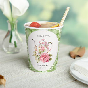 Elegant Pink Green Floral Flowers Bridal Shower Paper Cups