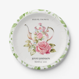 Elegant Pink Green Floral Flowers Bridal Shower Paper Plate