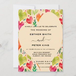 Elegant Pink & Green Floral Hearts Arbor Wedding Invitation