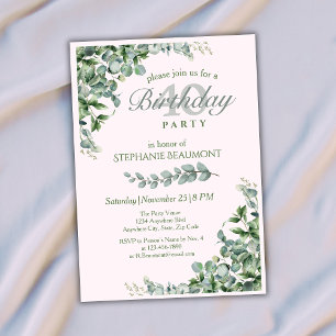 Elegant Pink Green Flower Women's 40th Birthday Invitation