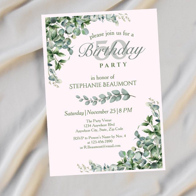 Elegant Pink Green Flower Women's 50th Birthday  Invitation (Creator Uploaded)
