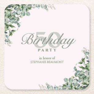 Elegant Pink Green Flower Women's 50th Birthday  Square Paper Coaster