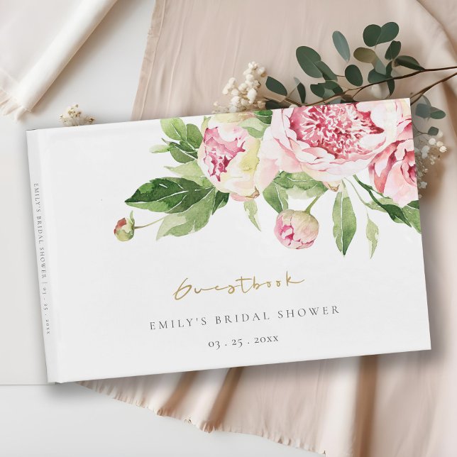 Elegant Pink Green Peony Floral Bridal Shower Guest Book (Creator Uploaded)