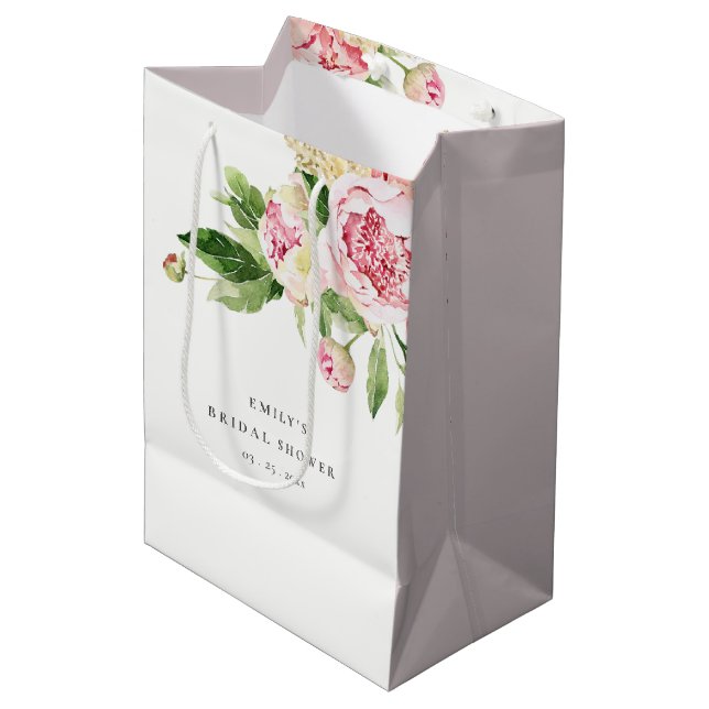 Elegant Pink Green Peony Floral Bridal Shower Medium Gift Bag (Front Angled)