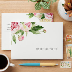 Elegant Pink Green Peony Floral Thanks Wedding Envelope