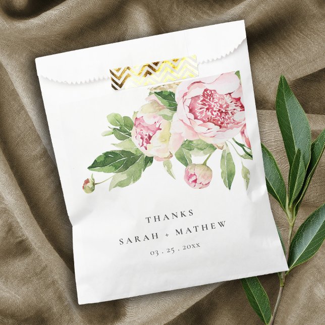 Elegant Pink Green Peony Floral Thanks Wedding Favour Bags (Creator Uploaded)