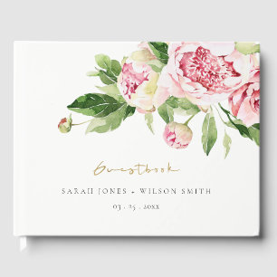 Elegant Pink Green Peony Floral Thanks Wedding Guest Book