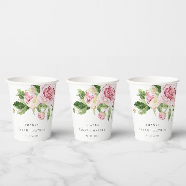 Elegant Pink Green Peony Floral Thanks Wedding Paper Cups (Multi)