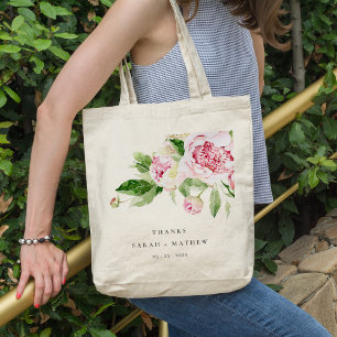 Elegant Pink Green Peony Floral Thanks Wedding Tote Bag
