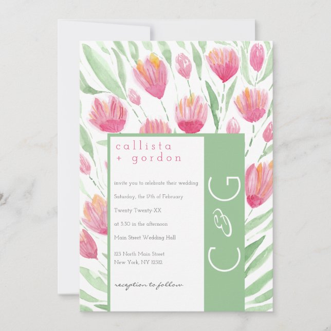 Elegant Pink Green Tulip Floral Watercolor Wedding Invitation (Front)