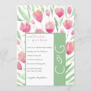 Elegant Pink Green Tulip Floral Watercolor Wedding Invitation
