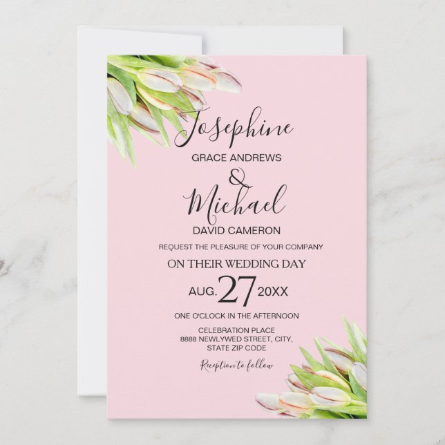 Elegant Pink Green Tulip Summer Wedding Invitation (Front)