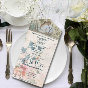 Elegant Pink Green Watercolor Floral Photo All In One Invitation