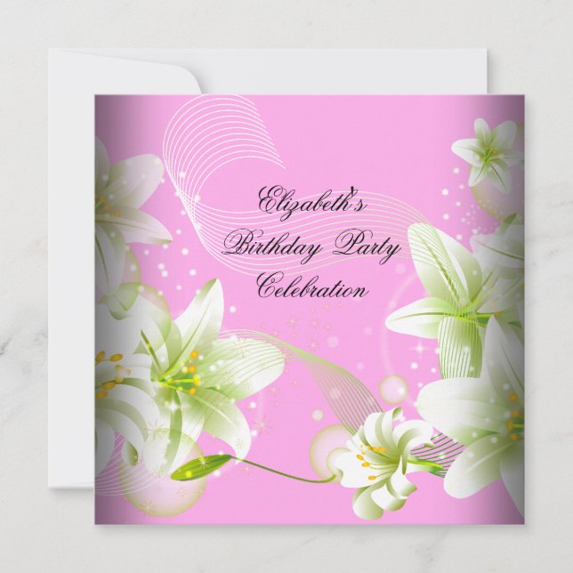 Elegant Pink Green White Floral Birthday Party Invitation (Front)