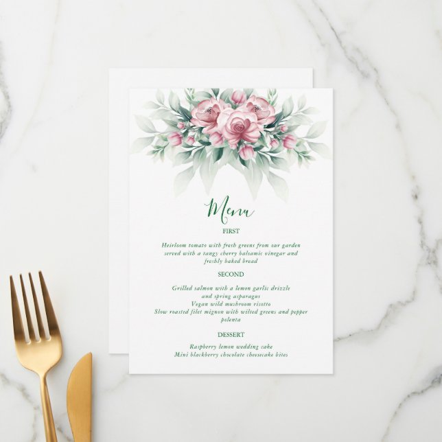 Elegant Pink Greenarry Modern Wedding Menu (Front/Back In Situ)
