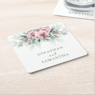 Elegant Pink Greenarry Modern Wedding Square Paper Coaster