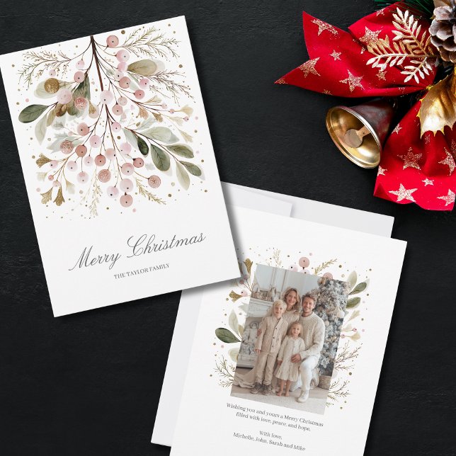 Elegant Pink Greenery Christmas Family Photo Holiday Card (pale green and blush pink mistletoe christmas greeting card)
