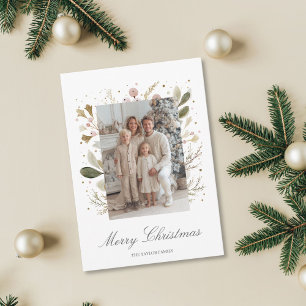 Elegant Pink Greenery Christmas Family Photo Holiday Card