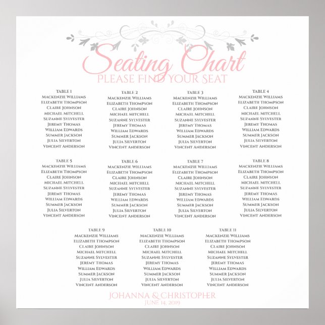 Elegant Pink & Grey 11 Table Wedding Seating Chart (Front)