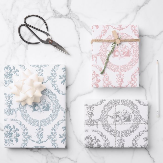 Elegant Pink, Grey & Blue on White Engraved Floral Wrapping Paper Sheet (Front)