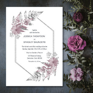 Elegant Pink Grey Botanical Wedding Invitation