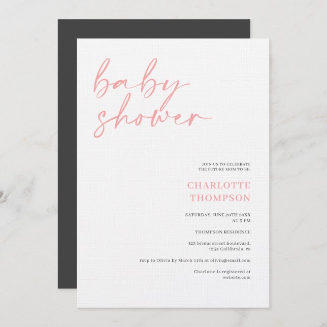 Elegant pink grey casual script baby shower invitation (Front/Back)