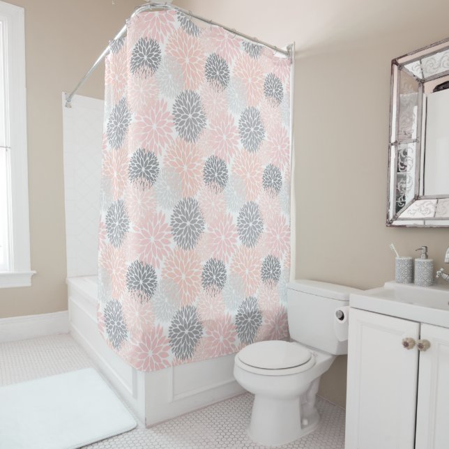 Elegant Pink Grey Dahlia Floral Shower Curtain (In Situ)