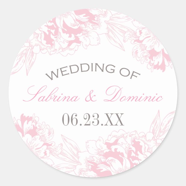 Elegant Pink Grey Floral Peony Monogram Classic Round Sticker (Front)