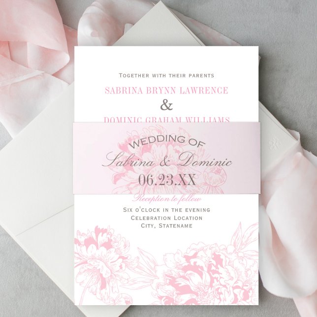 Elegant Pink Grey Floral Peony Wedding Monogram Invitation Belly Band (Creator Uploaded)